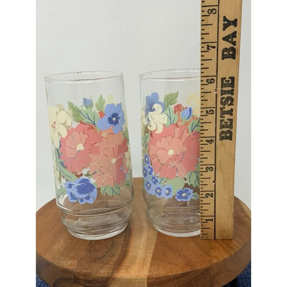 Set of 2 Multicolor Floral Pattern Glass Drinking Tumblers Decorated Design